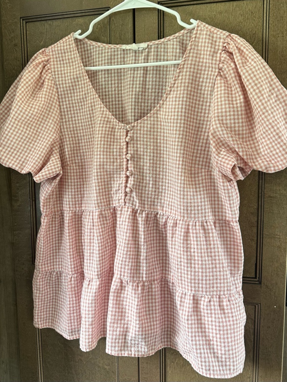 june & hudson Pink Cottagecore Gingham Puff-Sleeve Tiered Blouse Size XL